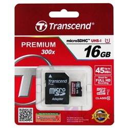 Карта памяти MicroSD  16GB  Transcend Class 10 UHS-I (300x) + SD адаптер - фото 9705