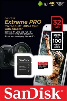 Карта памяти MicroSD  32GB  SanDisk Class 10 Extreme Pro (100 Mb/s) + SD адаптер - фото 9712
