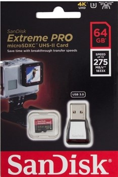 Карта памяти MicroSD  64GB  SanDisk Class 10 Extreme Pro UHS-II U3 (275 Mb/s) (USB 3.0 Reader) - фото 9734