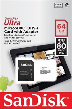 Карта памяти MicroSD  64GB  SanDisk Class 10 Ultra Android (80 Mb/s) + SD адаптер - Tablet Packaging - фото 9739