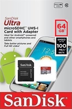 Карта памяти MicroSD  64GB  SanDisk Class 10 Ultra Android UHS-I (100 Mb/s) + SD адаптер - фото 9741
