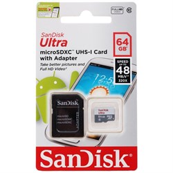 Карта памяти MicroSD  64GB  SanDisk Class 10 Ultra Android UHS-I  (48 Mb/s) + SD адаптер - фото 9751