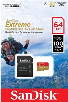 Карта памяти MicroSD  128GB  SanDisk Class 10 Extreme Action Cameras UHS-I  (100 Mb/s) + SD адаптер - фото 9753