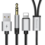 AUX Lightning, USB кабель Baseus L34 Apple to 3.5mm & USB Charging Audio Cable, Серебро (CALL34-0S)