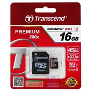 Карта памяти MicroSD  16GB  Transcend Class 10 UHS-I (300x) + SD адаптер