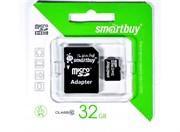 Карта памяти MicroSD  32GB  Smart Buy Сlass 10 + SD адаптер