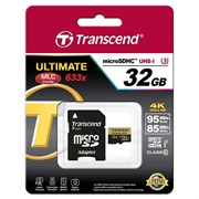 Карта памяти MicroSD  32GB  Transcend Class 10  Ultimate UHS-I U3 (R/W 90/85 Mb/s) + SD адаптер