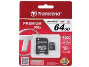 Карта памяти MicroSD  64GB Transcend Class 10 UHS-I (300х) + SD адаптер